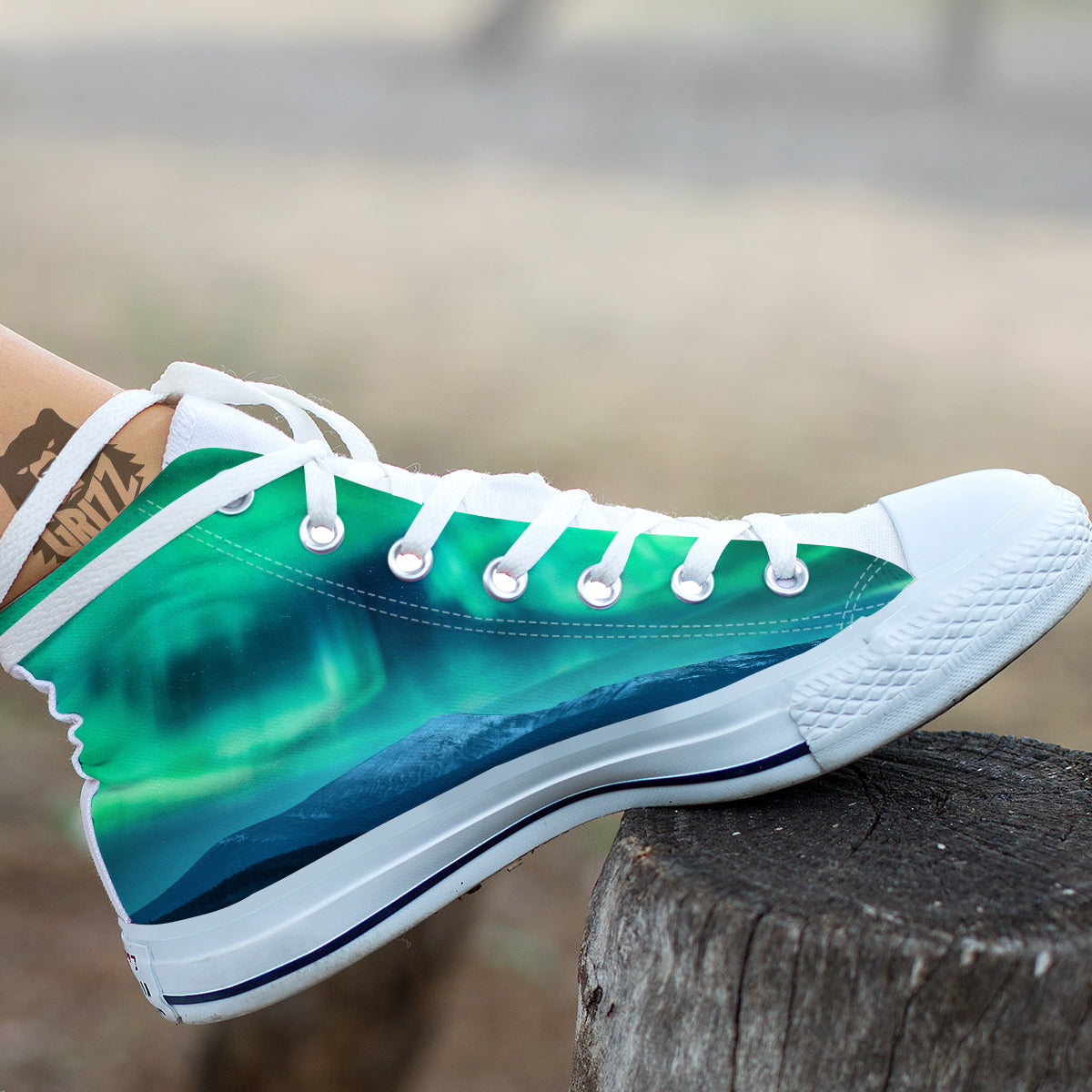 Green Northern Lights And Snowy Mountains Print White High Top Shoes-grizzshop