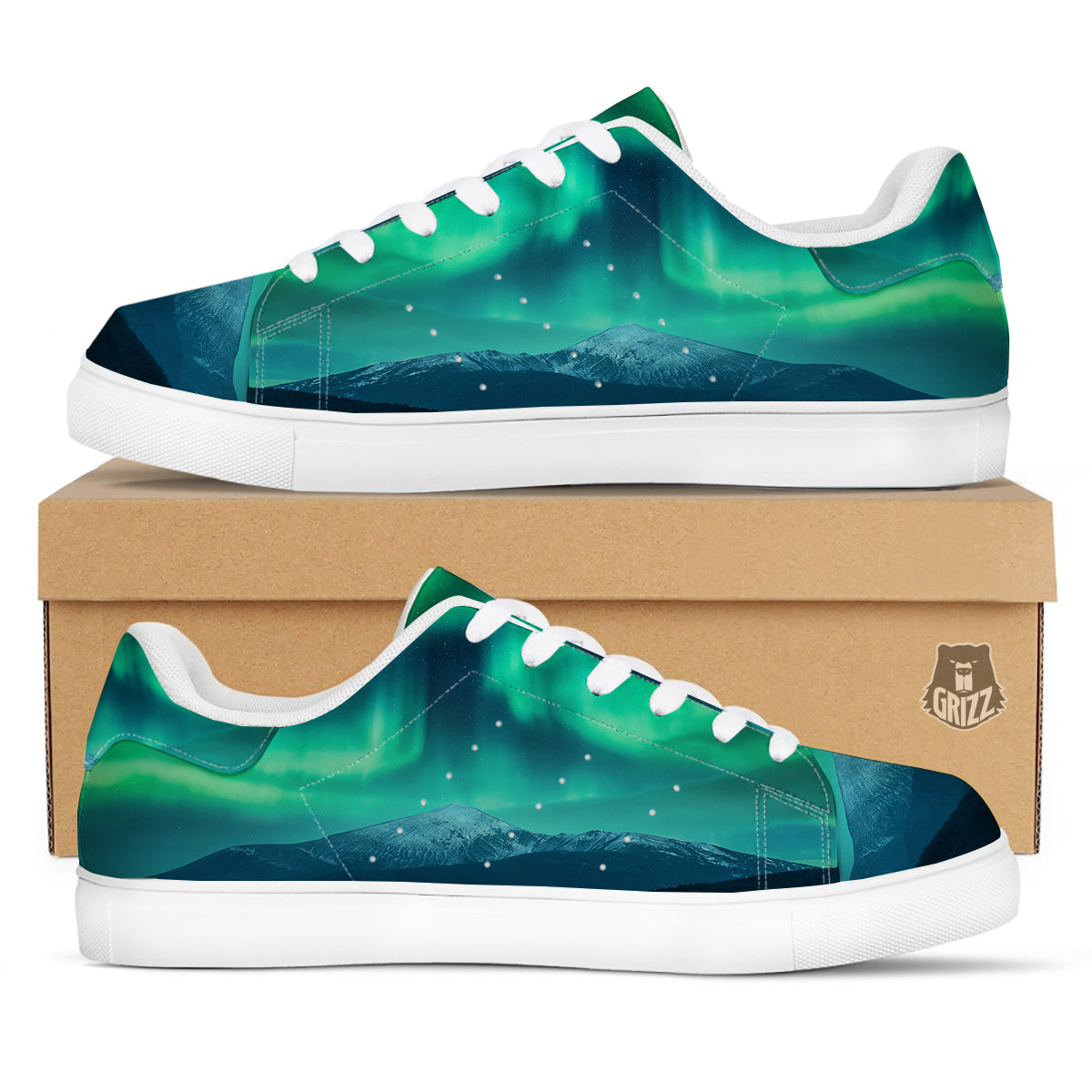 Green Northern Lights And Snowy Mountains Print White Low Top Sneakers-grizzshop
