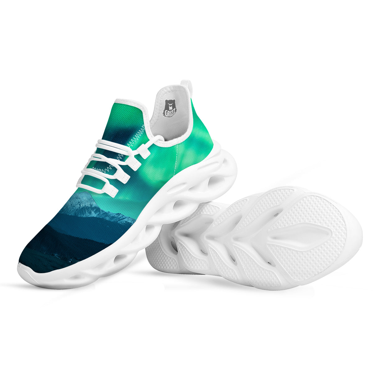 Green Northern Lights And Snowy Mountains Print White Running Shoes-grizzshop