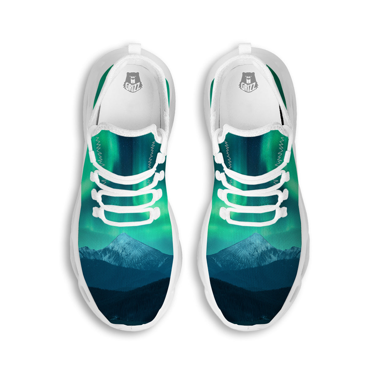 Green Northern Lights And Snowy Mountains Print White Running Shoes-grizzshop