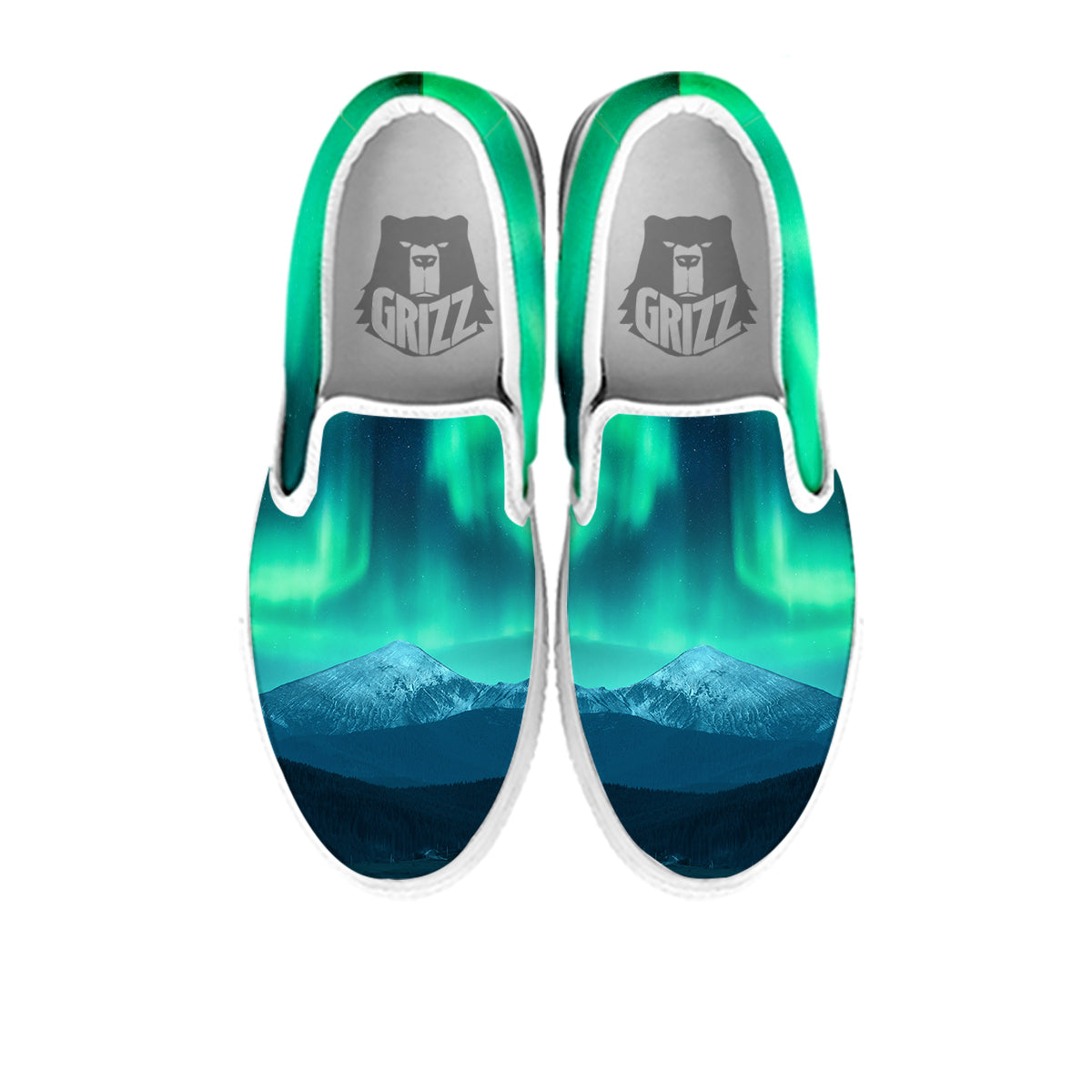 Green Northern Lights And Snowy Mountains Print White Slip On Shoes-grizzshop