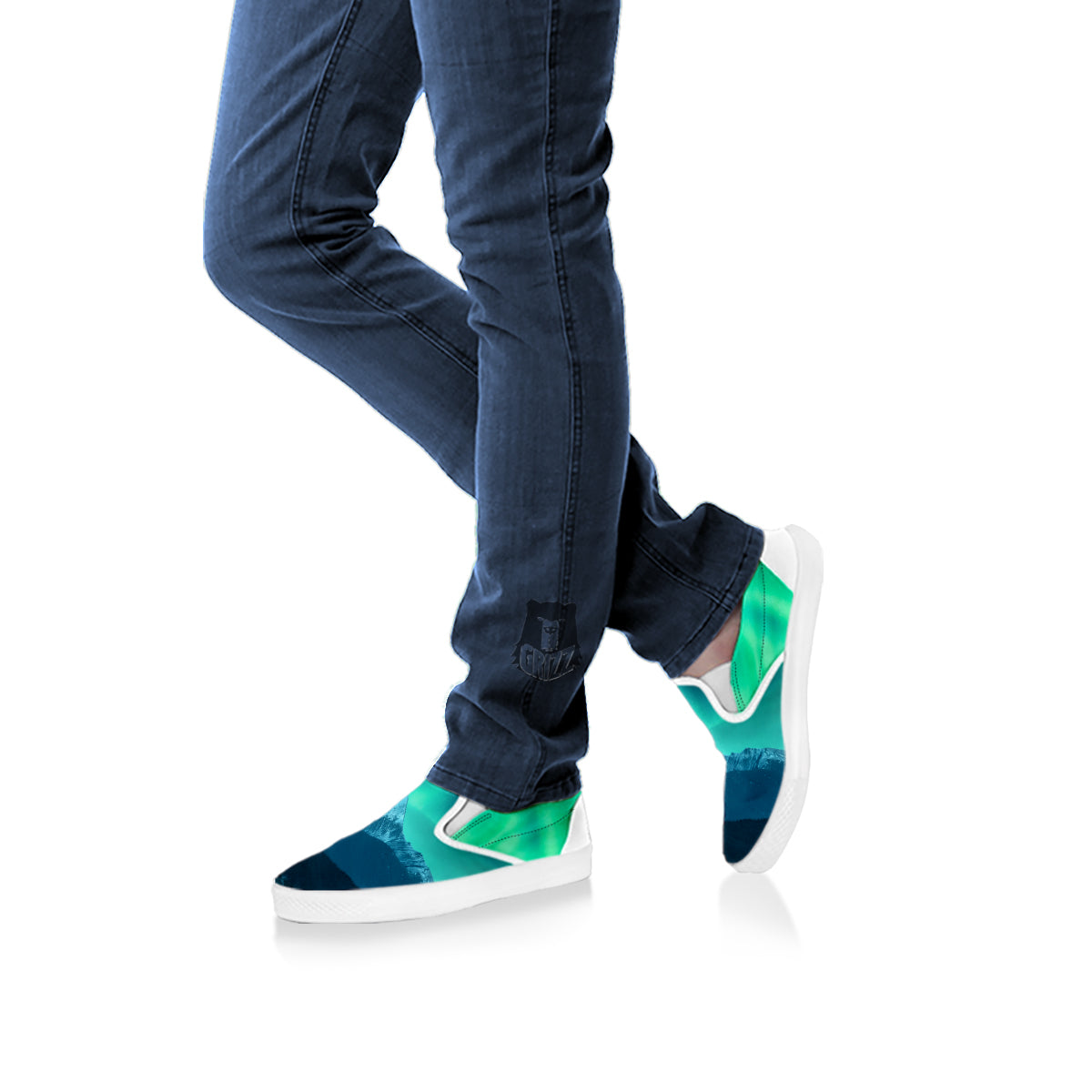 Green Northern Lights And Snowy Mountains Print White Slip On Shoes-grizzshop