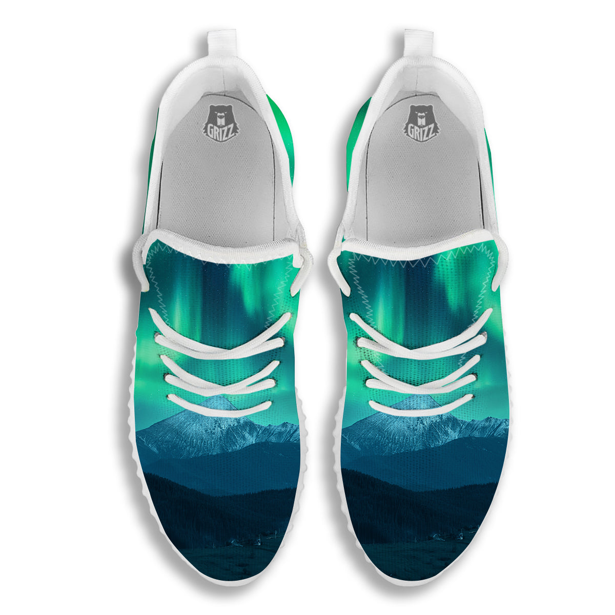 Green Northern Lights And Snowy Mountains Print White Walking Shoes-grizzshop