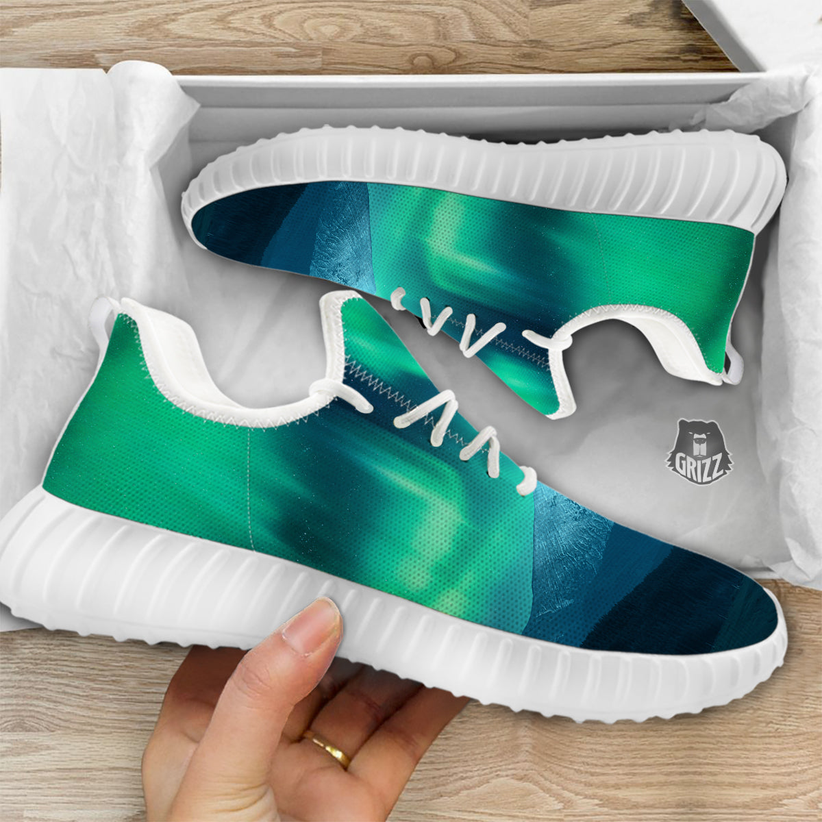 Green Northern Lights And Snowy Mountains Print White Walking Shoes-grizzshop