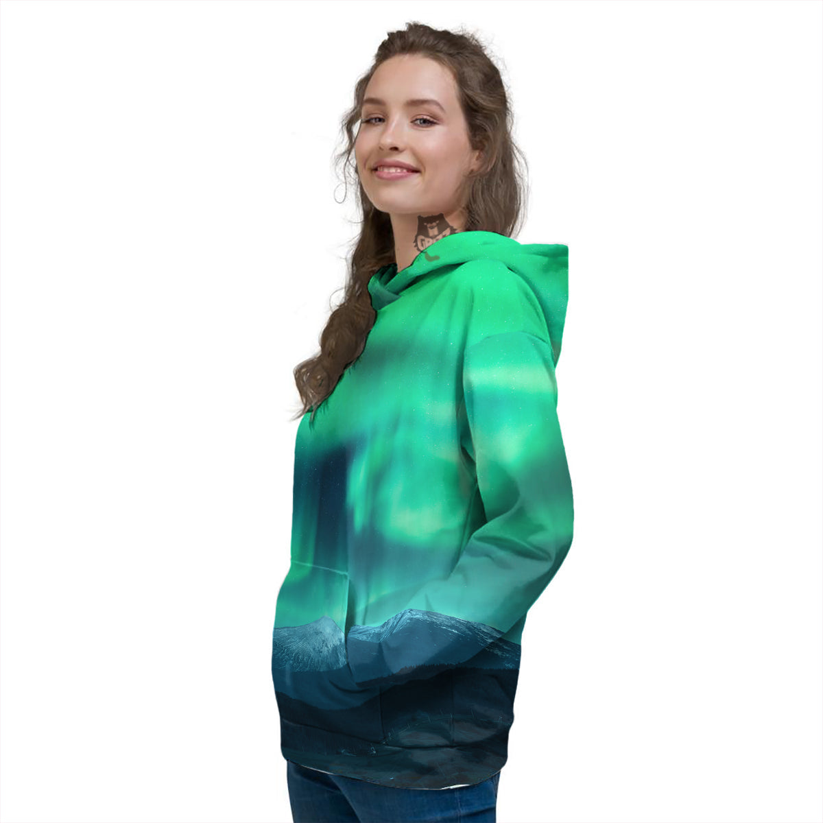 Green Northern Lights And Snowy Mountains Print Women's Hoodie-grizzshop