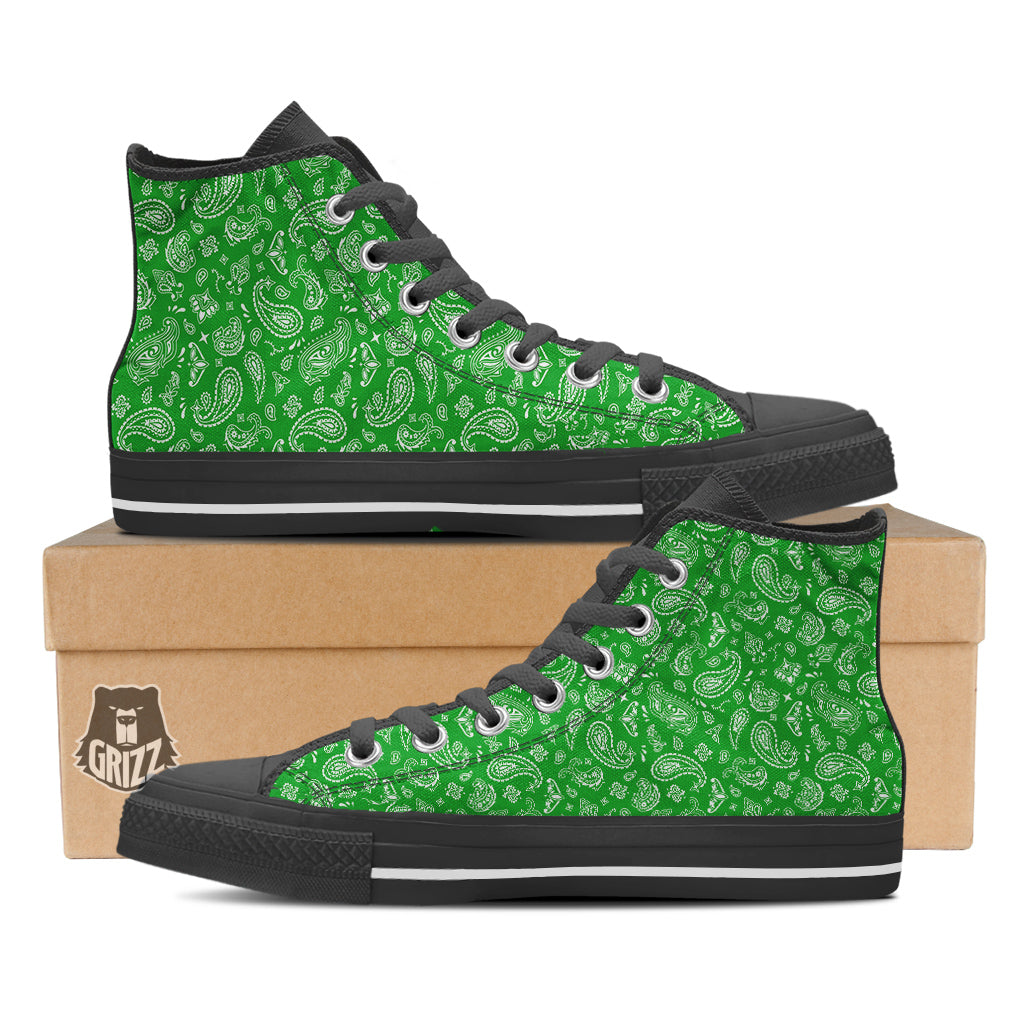 Green Paisley Bandana Print Black High Top Shoes-grizzshop