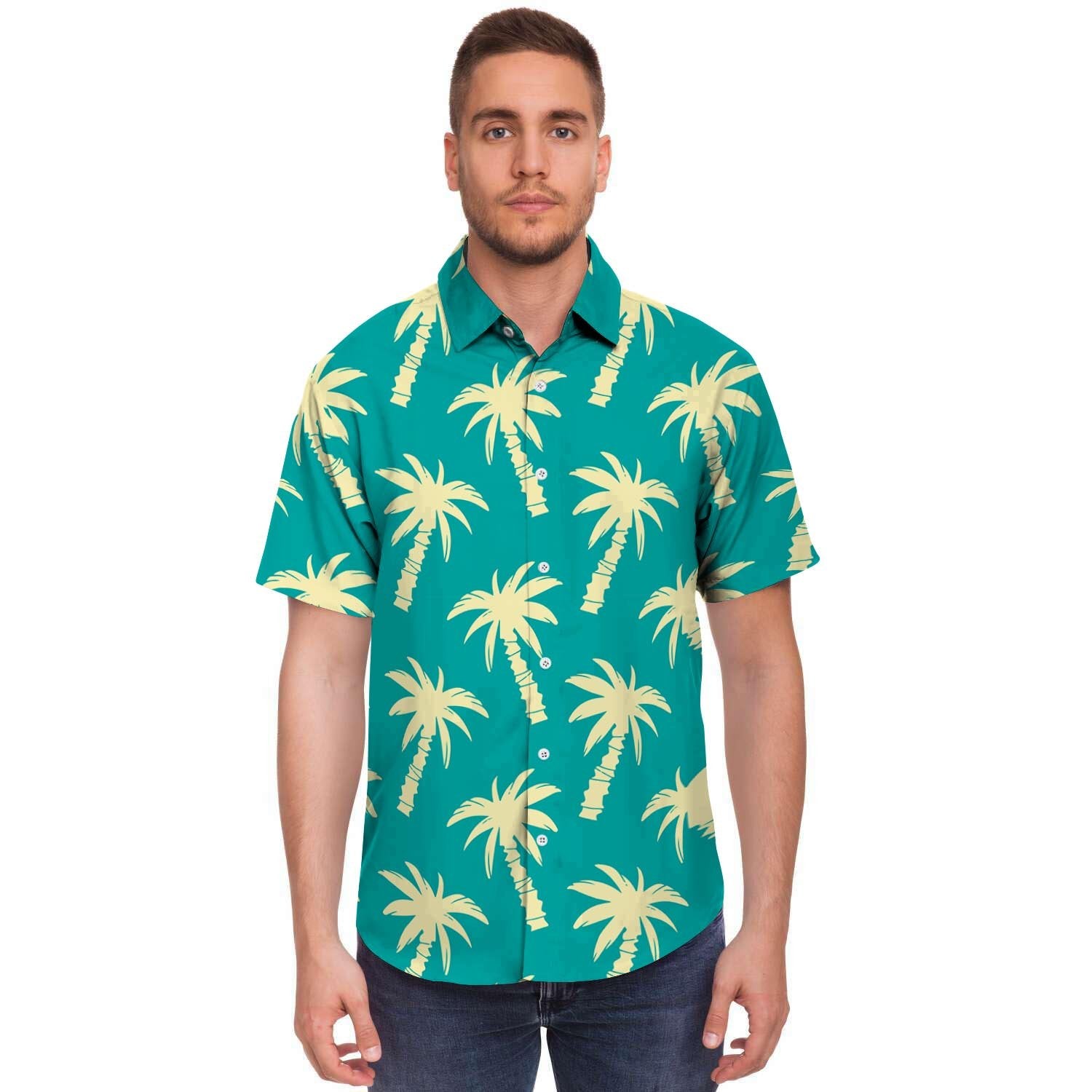 Green Palm Tree Hawaiin Print Men's Short Sleeve Shirt-grizzshop