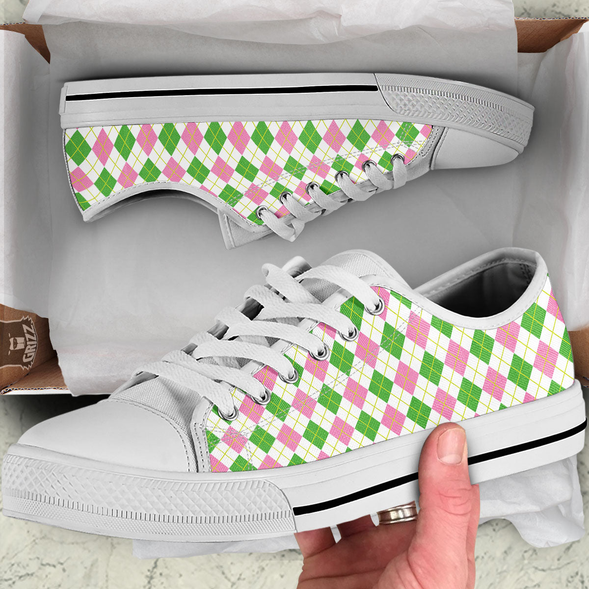 Green Pink And White Argyle Print Pattern White Low Top Shoes-grizzshop