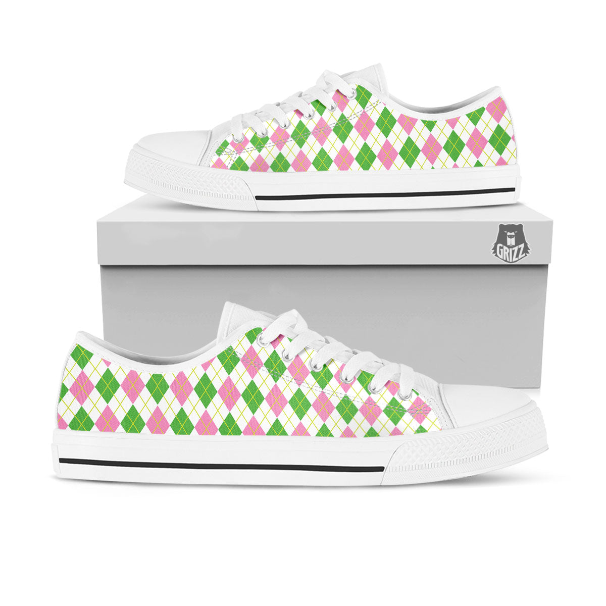 Green Pink And White Argyle Print Pattern White Low Top Shoes-grizzshop