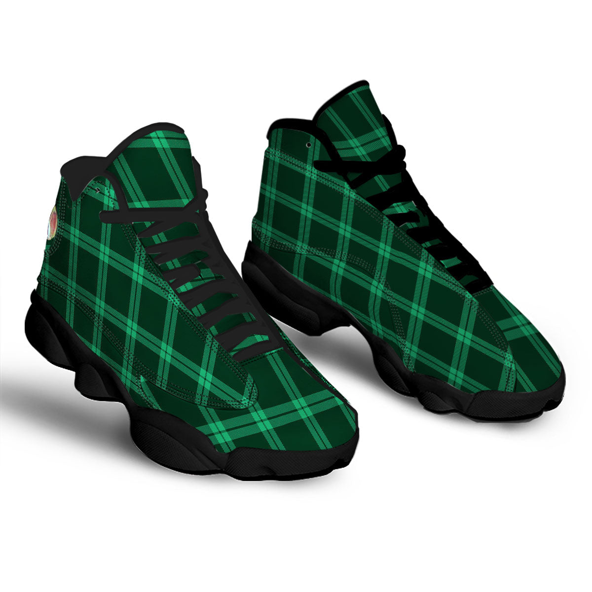 Green Plaid Print Black Basketball Shoes-grizzshop