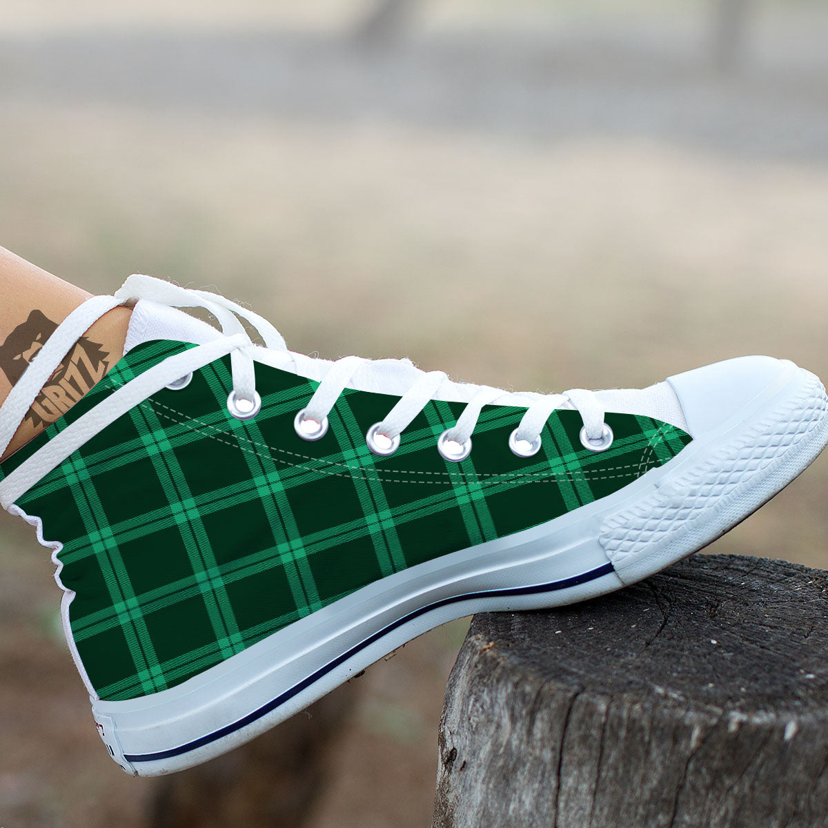 Green Plaid Print White High Top Shoes-grizzshop