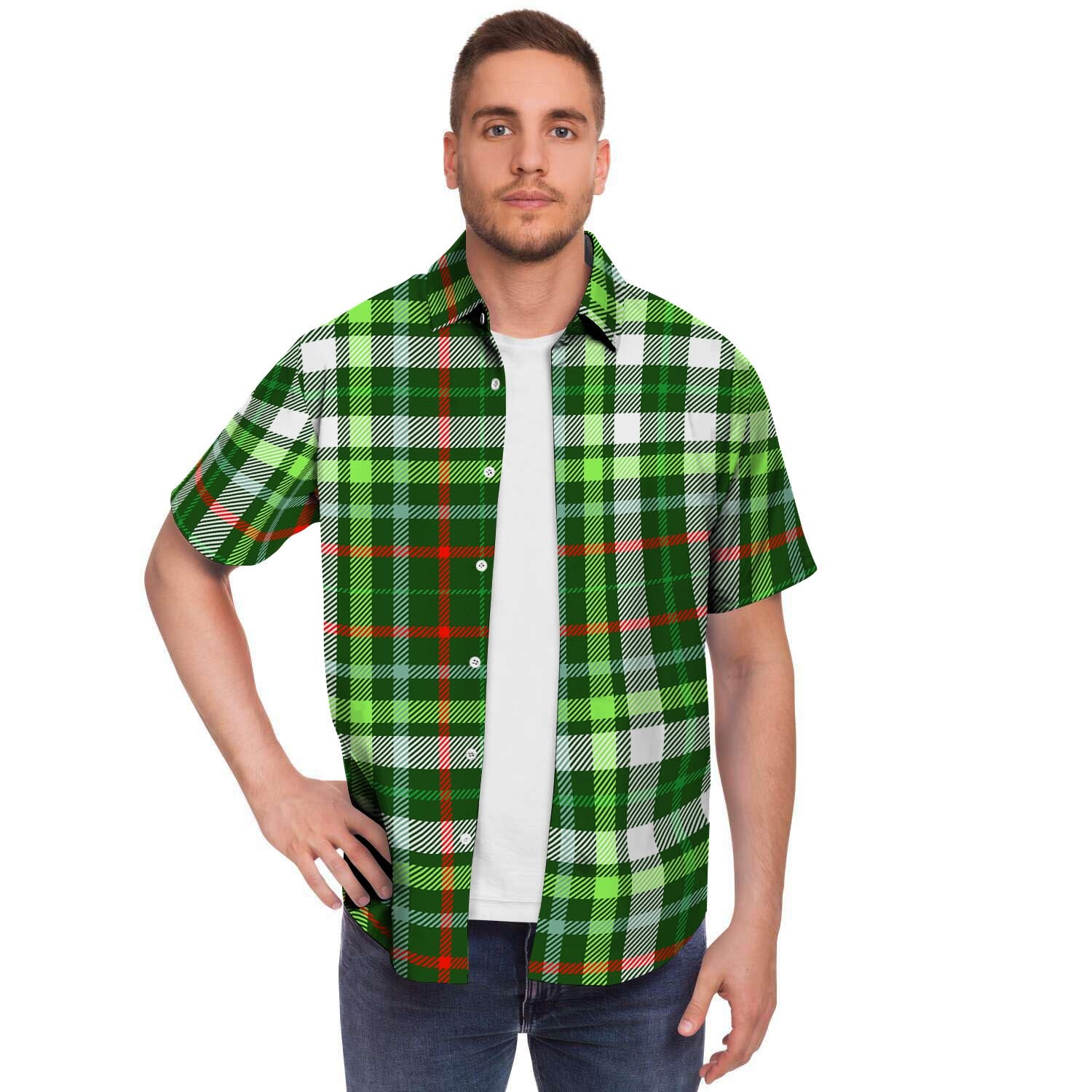 Green Plaid Tartan Men's Short Sleeve Shirt-grizzshop