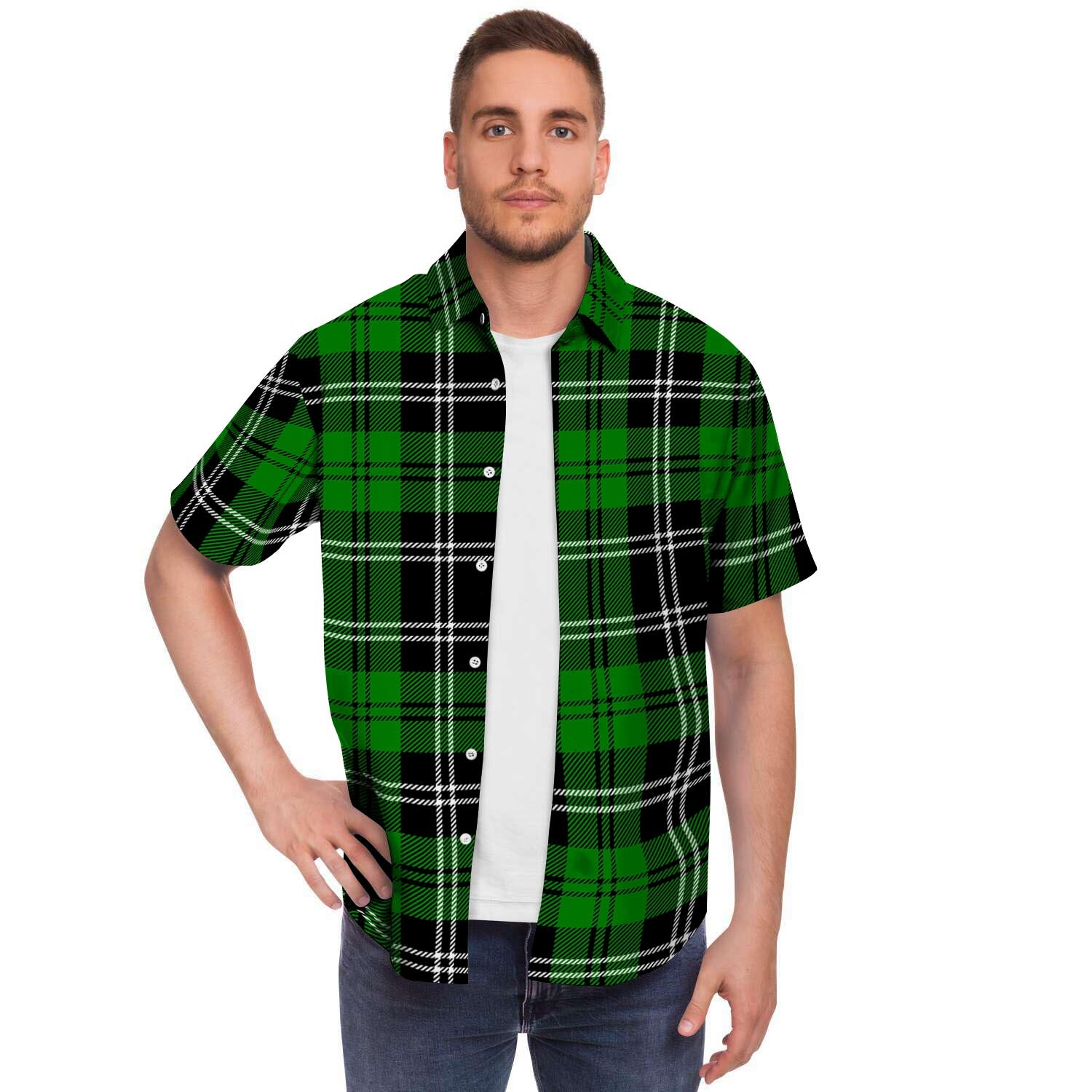 Green Plaid Tartan Print Men's Short Sleeve Shirt-grizzshop
