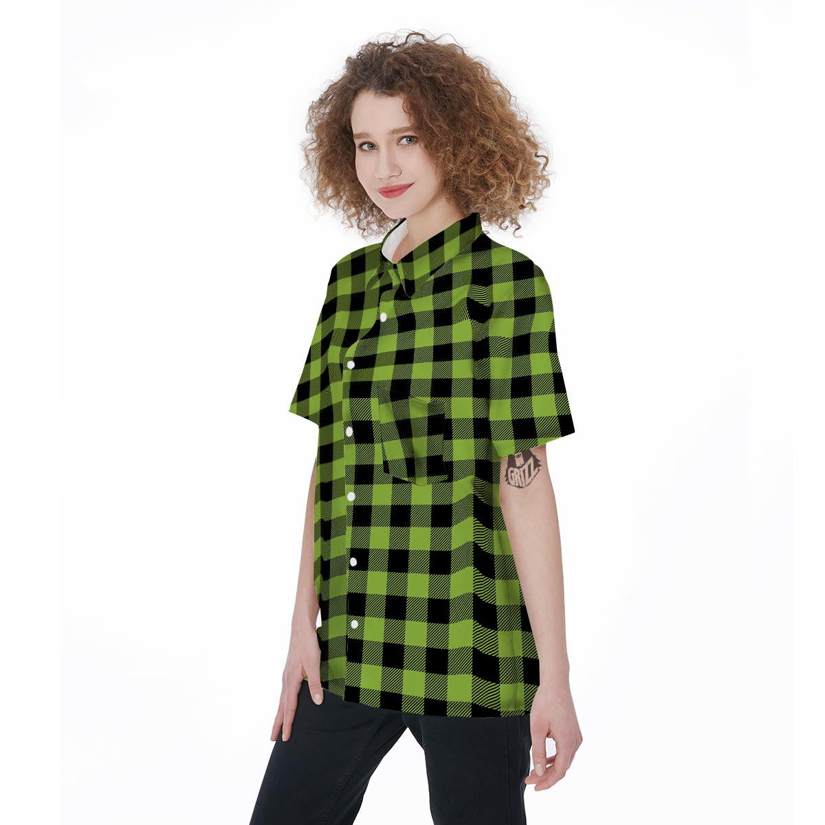 Green Plaid Women's Short Sleeve Shirts-grizzshop