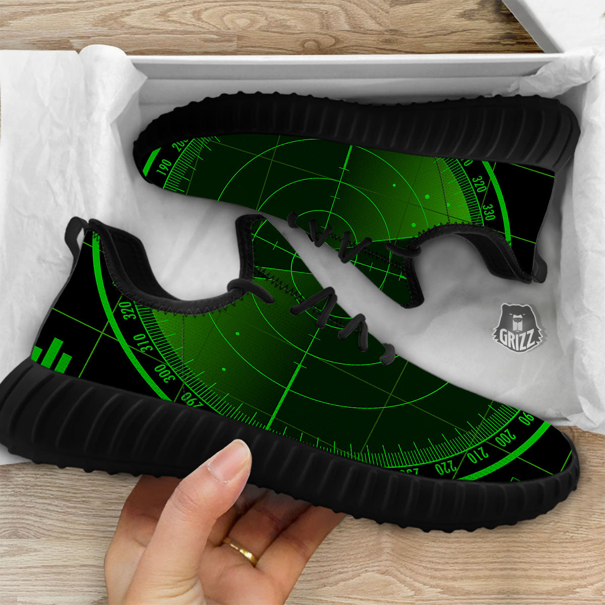 Green Radar Screen Print Black Walking Shoes-grizzshop