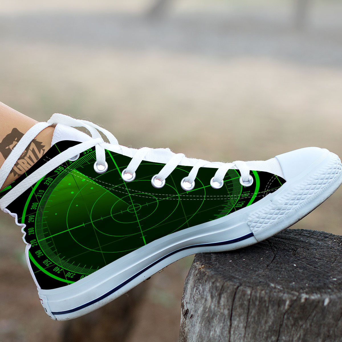 Green Radar Screen Print White High Top Shoes-grizzshop