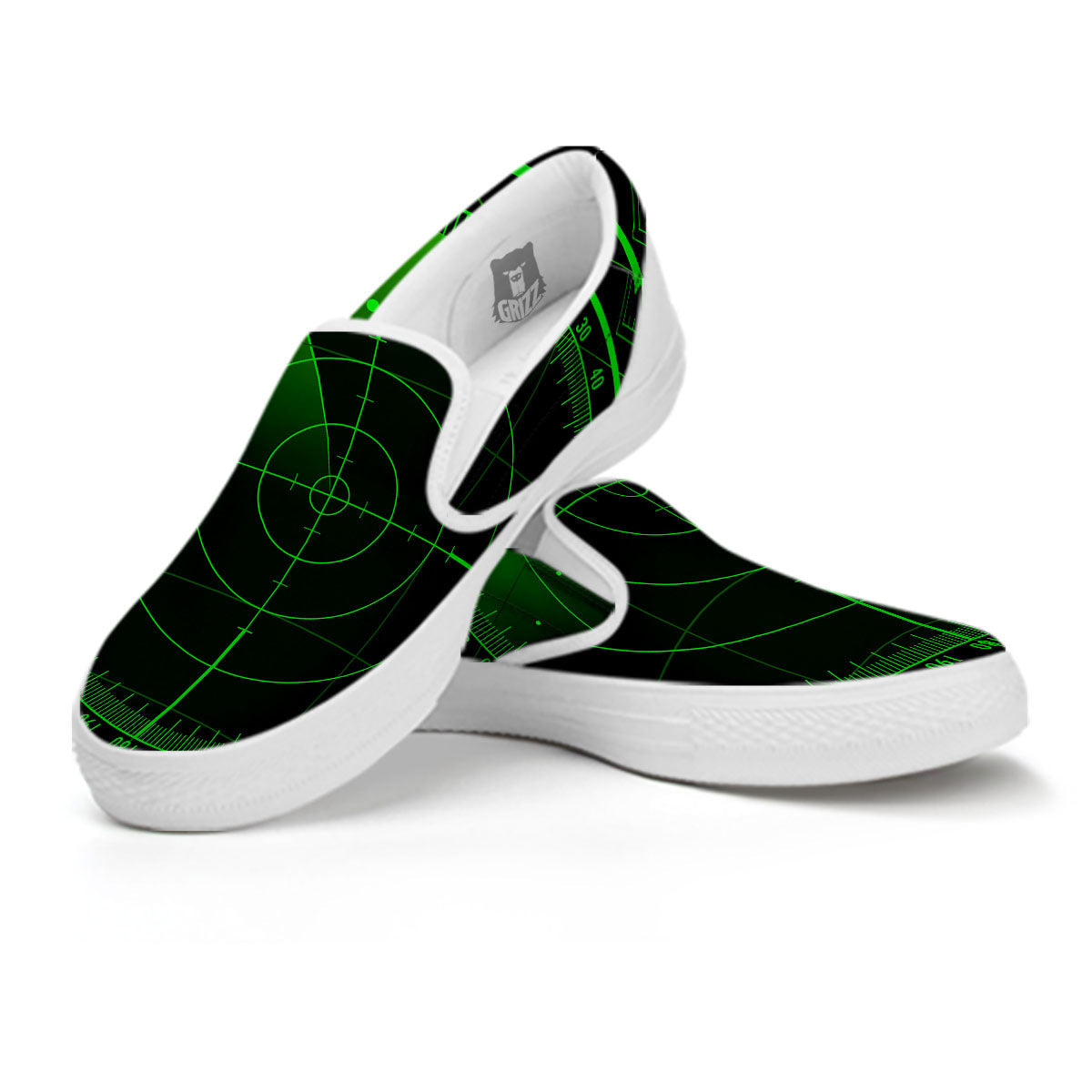 Green Radar Screen Print White Slip On Shoes-grizzshop