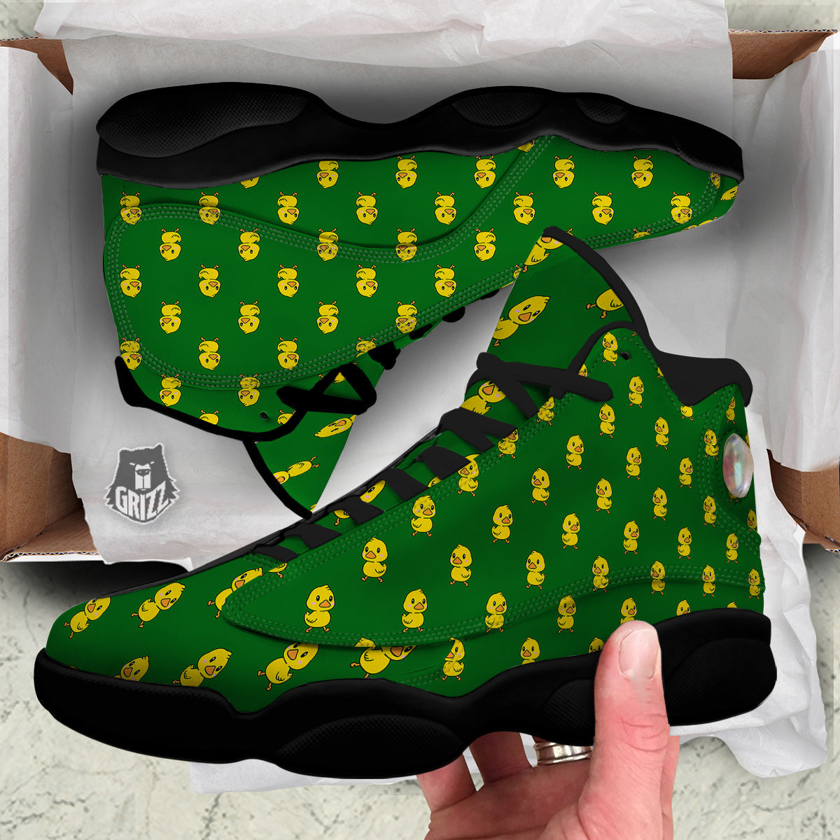 Green Rubber Duck Print Pattern Black Basketball Shoes-grizzshop