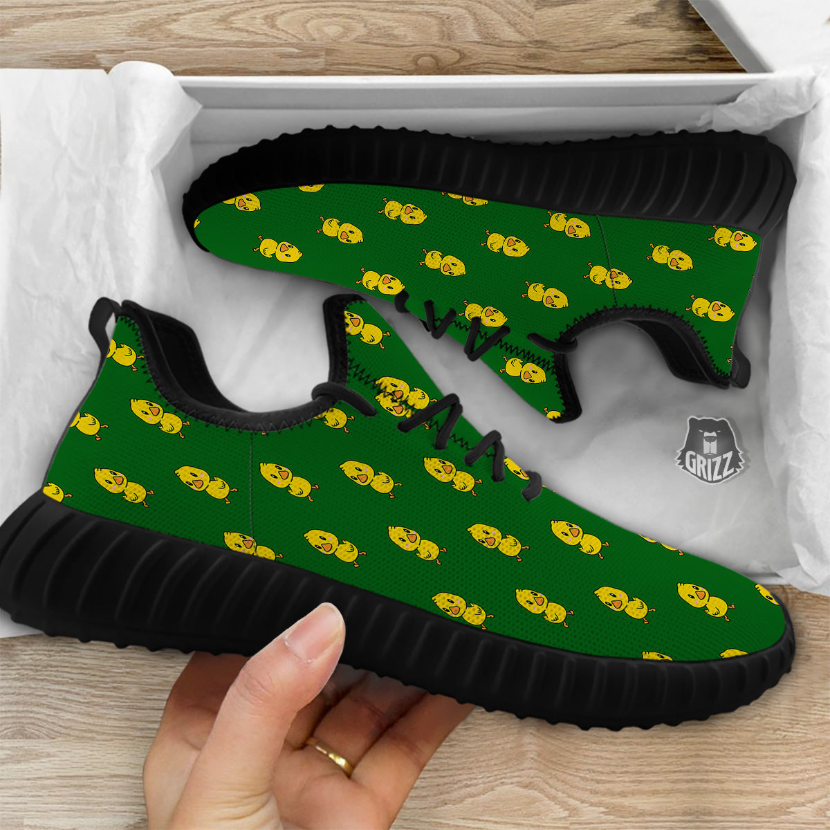 Green Rubber Duck Print Pattern Black Walking Shoes-grizzshop