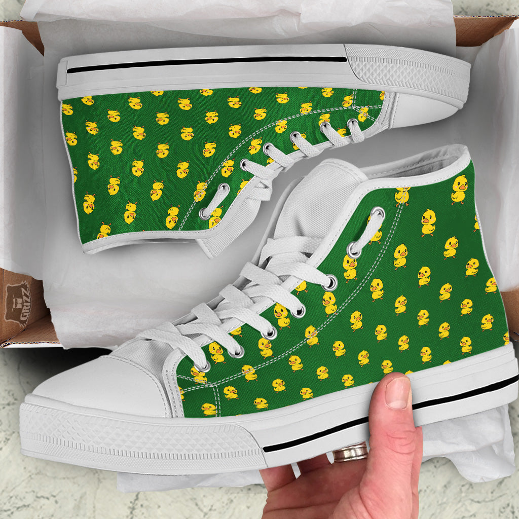 Green Rubber Duck Print Pattern White High Top Shoes-grizzshop