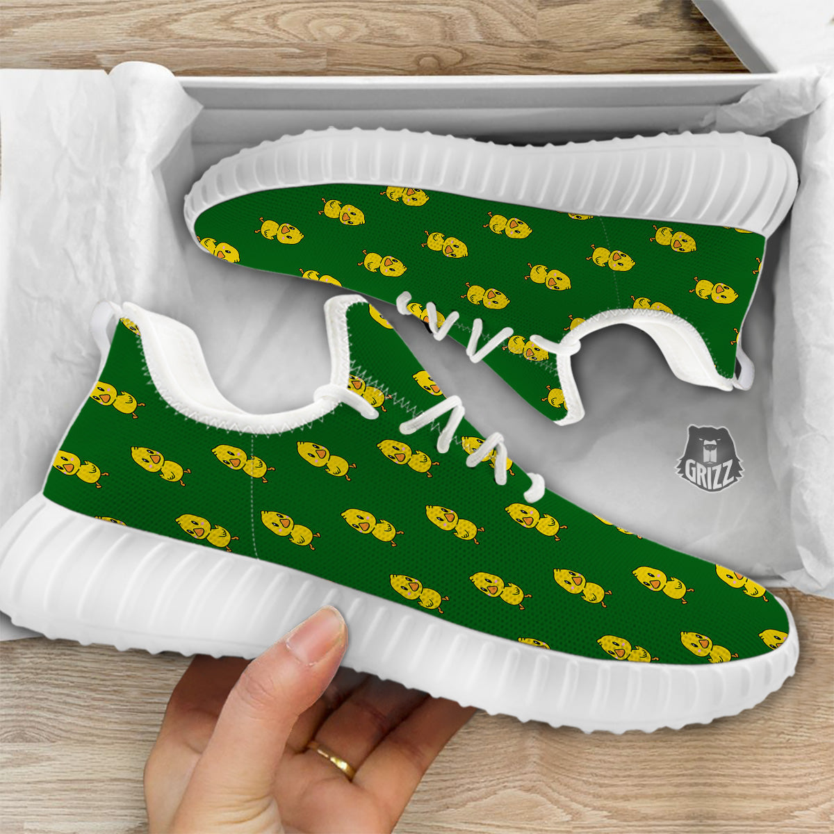 Green Rubber Duck Print Pattern White Walking Shoes-grizzshop