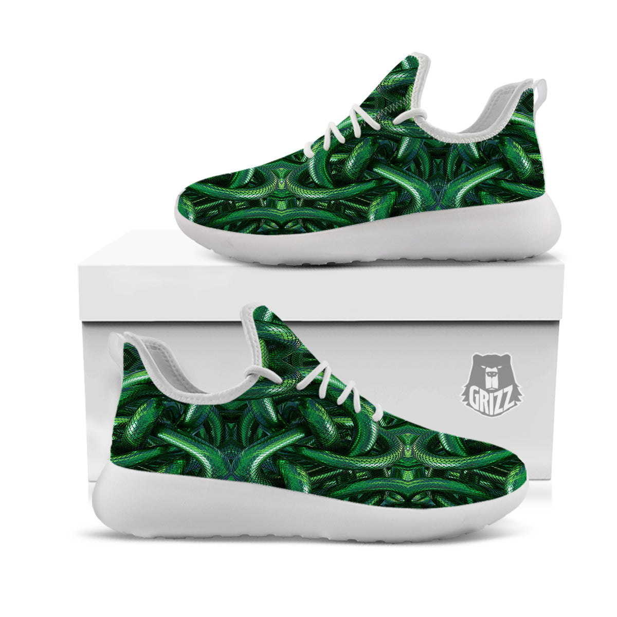 Green Snake 3D Print Pattern White Athletic Shoes-grizzshop
