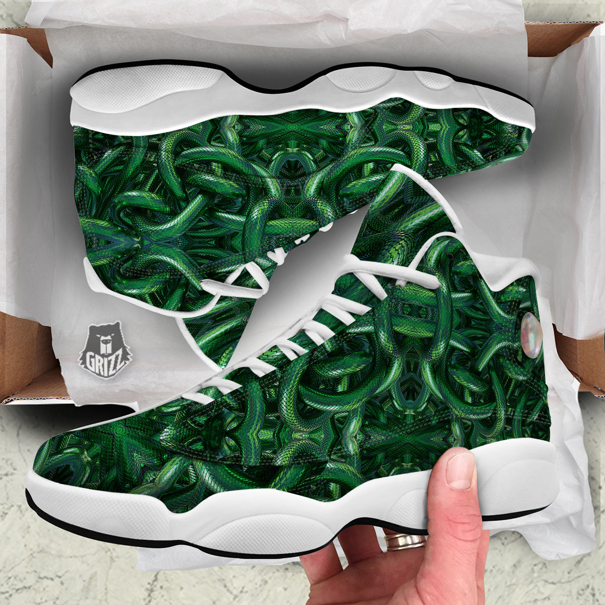 Green Snake 3D Print Pattern White Basketball Shoes-grizzshop