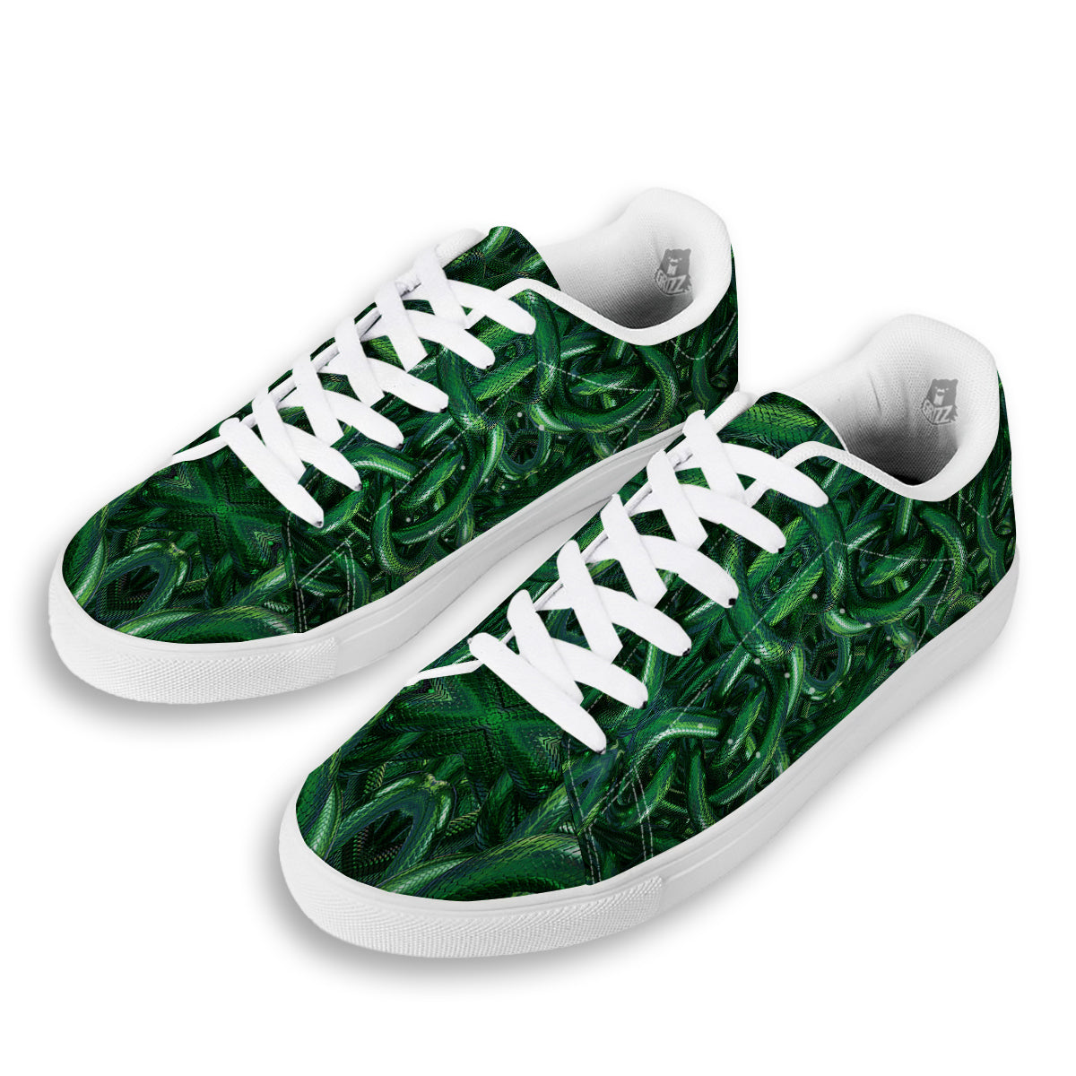 Green Snake 3D Print Pattern White Low Top Sneakers-grizzshop