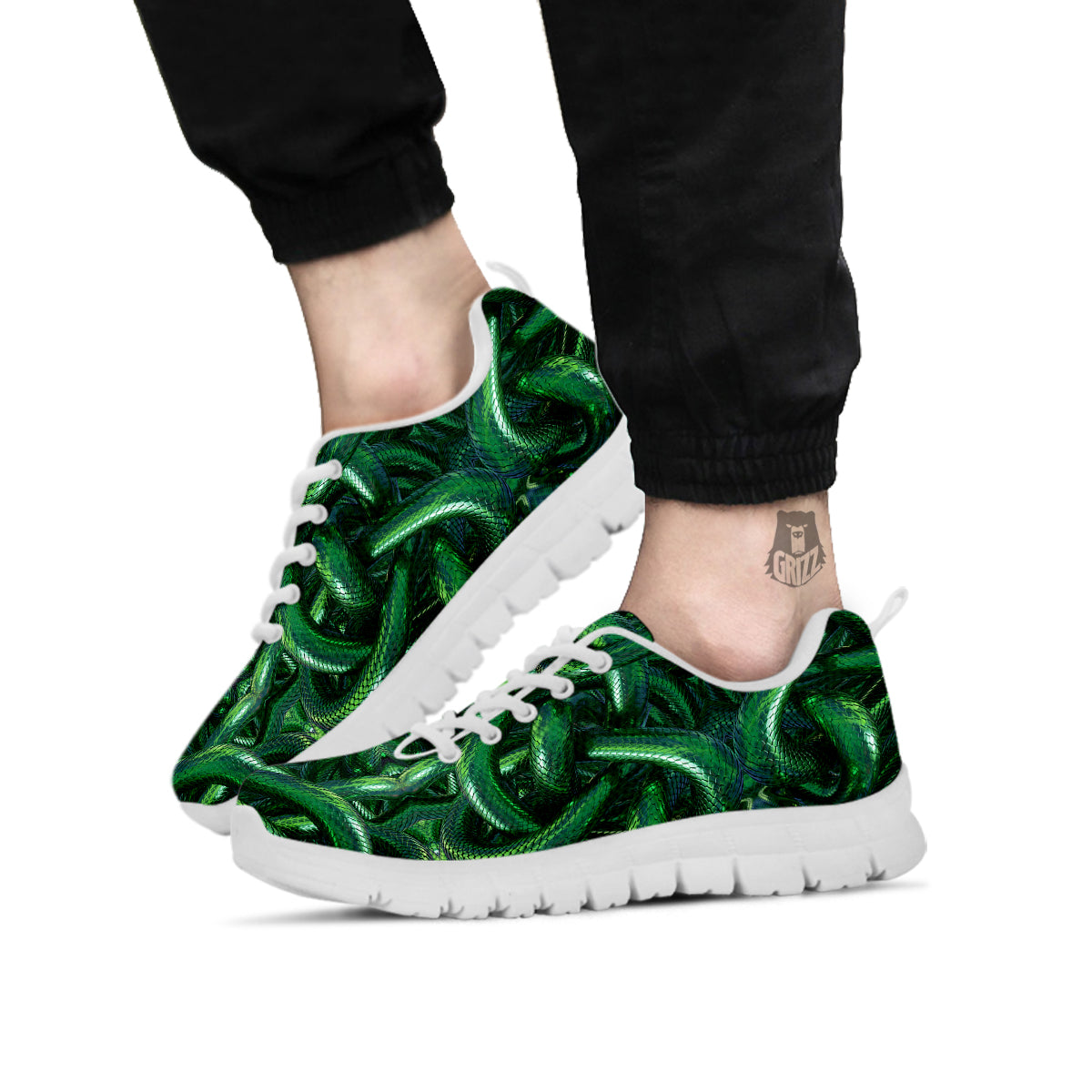 Green Snake 3D Print Pattern White Sneaker-grizzshop