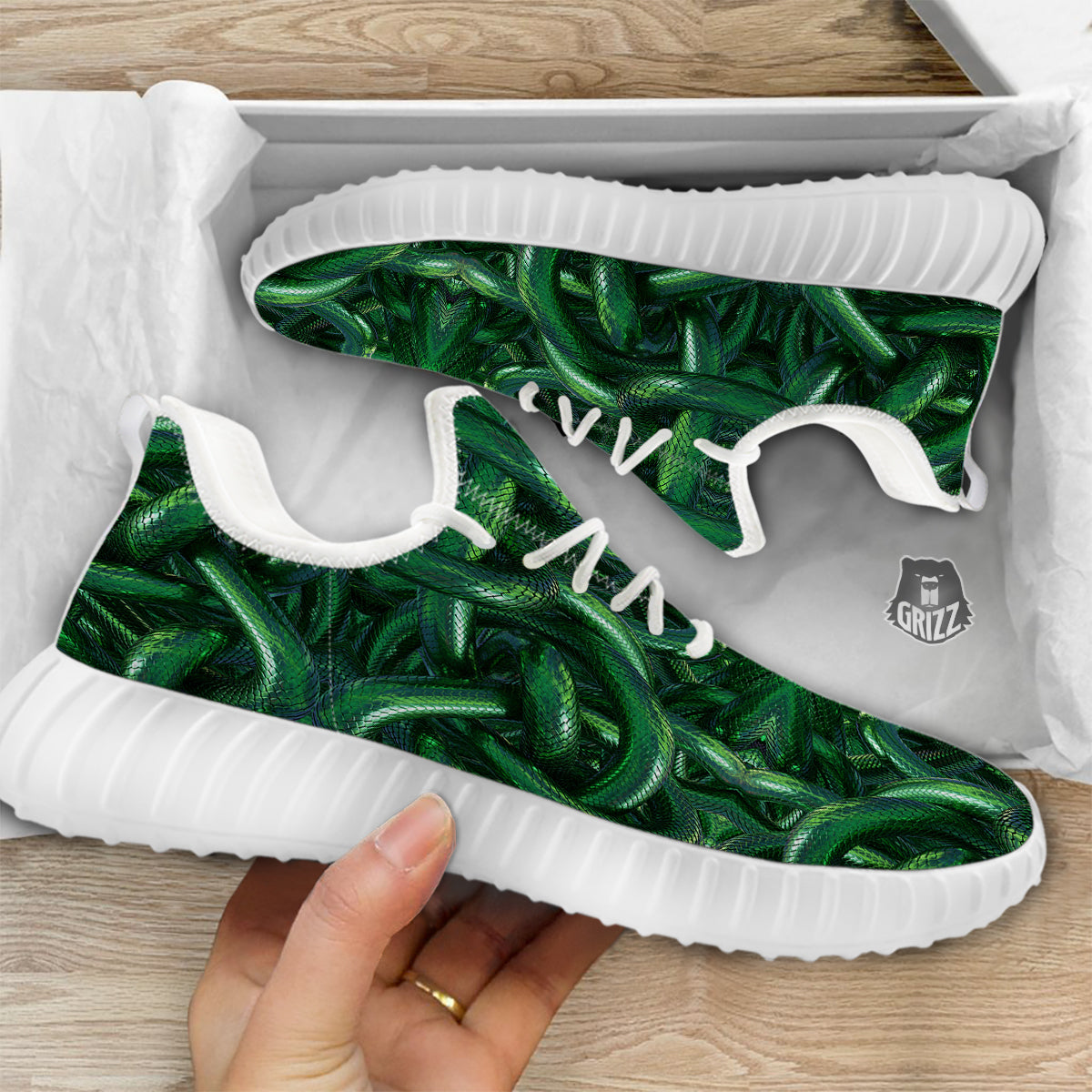 Green Snake 3D Print Pattern White Walking Shoes-grizzshop