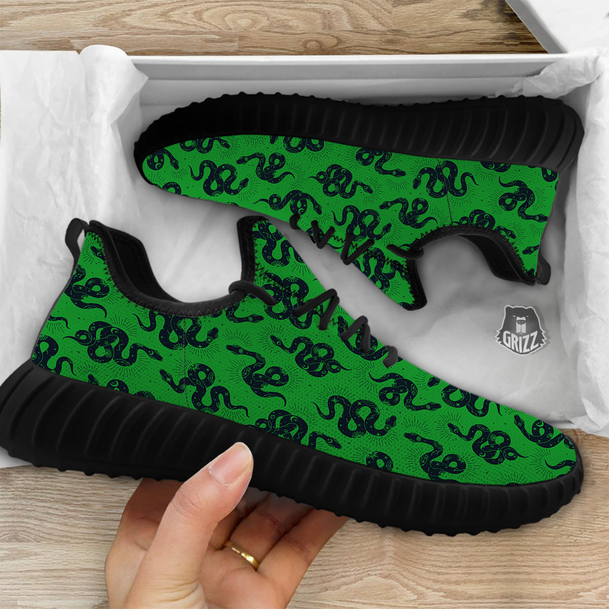 Green Snake Magic Eye Print Pattern Black Walking Shoes-grizzshop