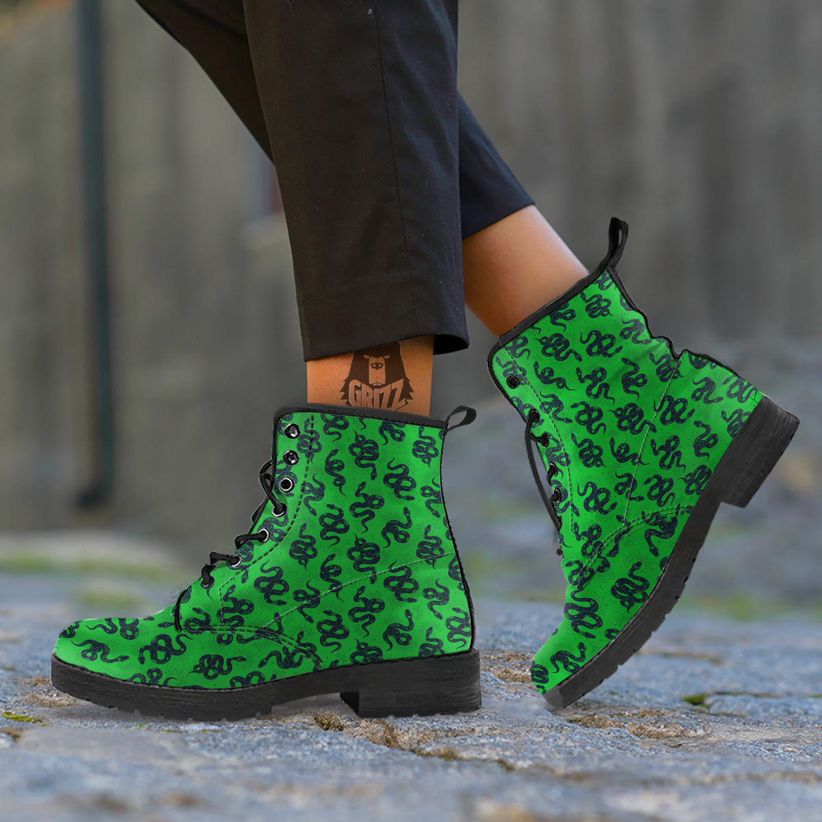 Green Snake Magic Eye Print Pattern Leather Boots-grizzshop