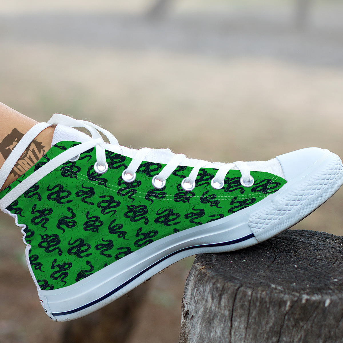 Green Snake Magic Eye Print Pattern White High Top Shoes-grizzshop