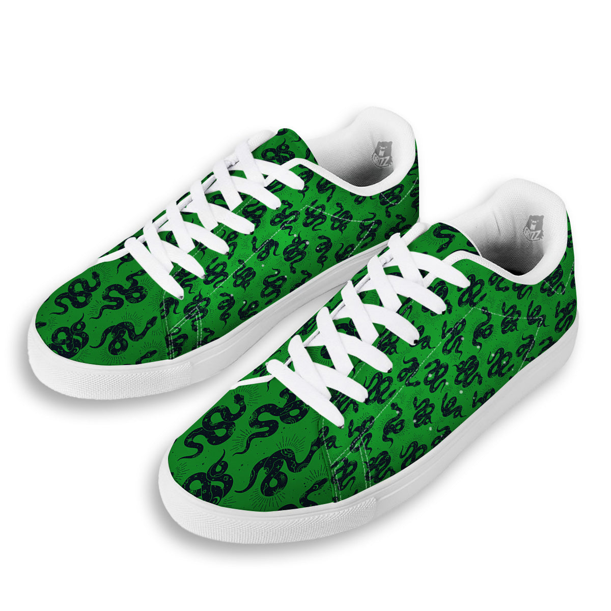 Green Snake Magic Eye Print Pattern White Low Top Sneakers-grizzshop