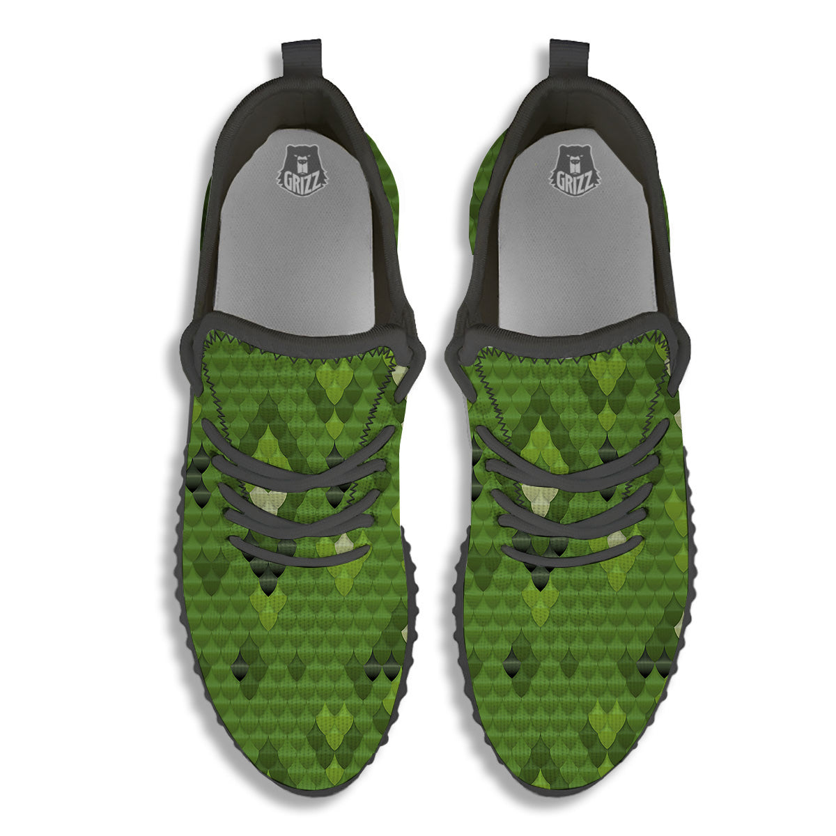 Green Snake Skin Cartoon Print Pattern Black Walking Shoes-grizzshop