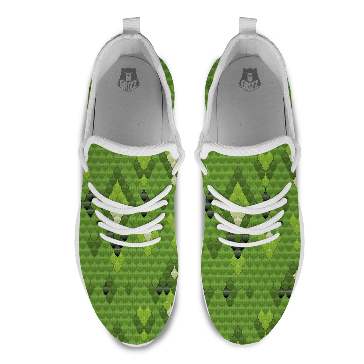 Green Snake Skin Cartoon Print Pattern White Athletic Shoes-grizzshop