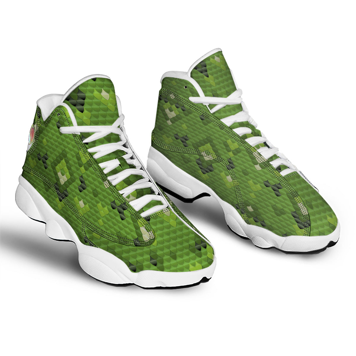 Green Snake Skin Cartoon Print Pattern White Basketball Shoes-grizzshop