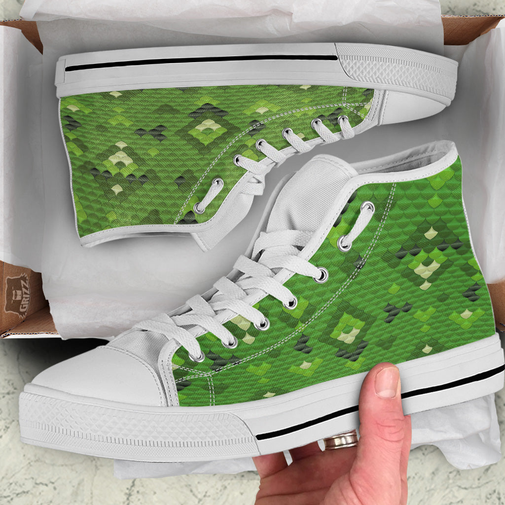 Green Snake Skin Cartoon Print Pattern White High Top Shoes-grizzshop