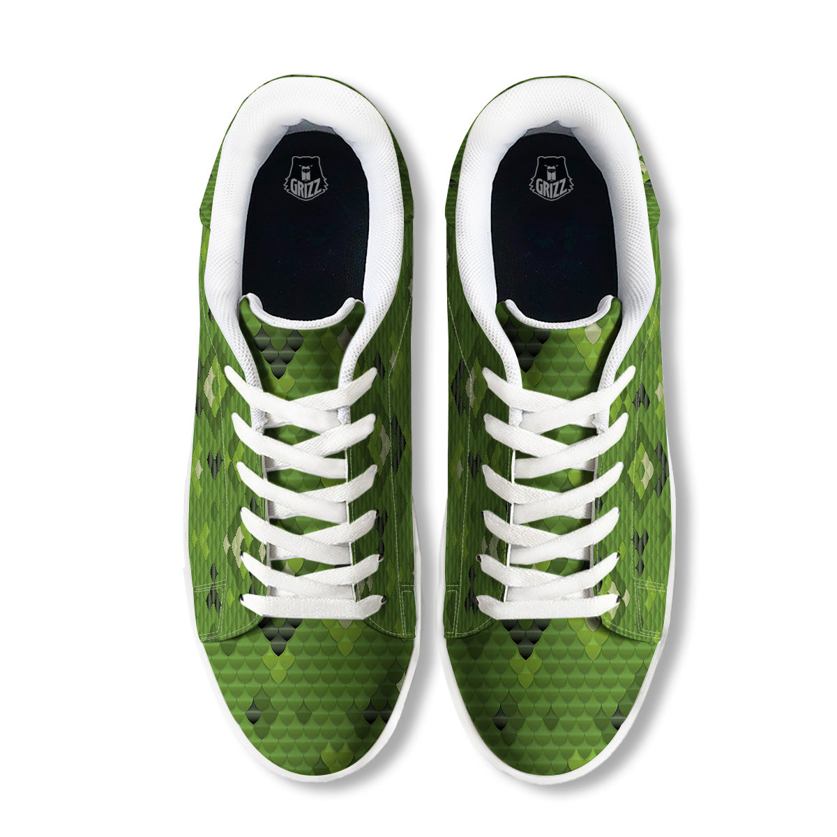 Green Snake Skin Cartoon Print Pattern White Low Top Sneakers-grizzshop