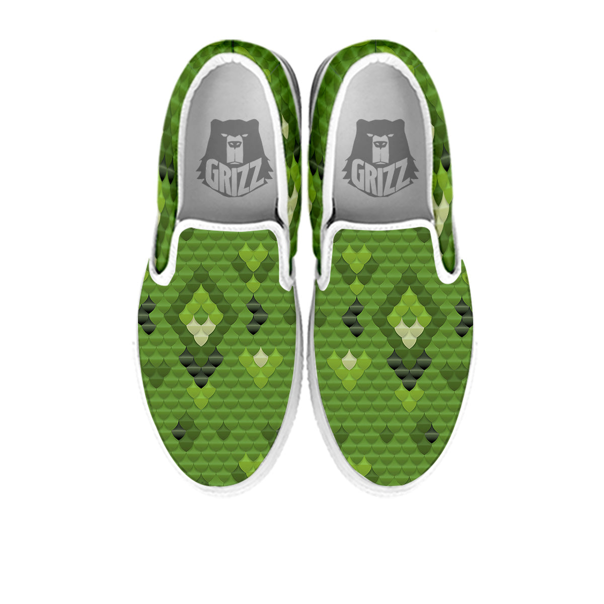 Green Snake Skin Cartoon Print Pattern White Slip On Shoes-grizzshop