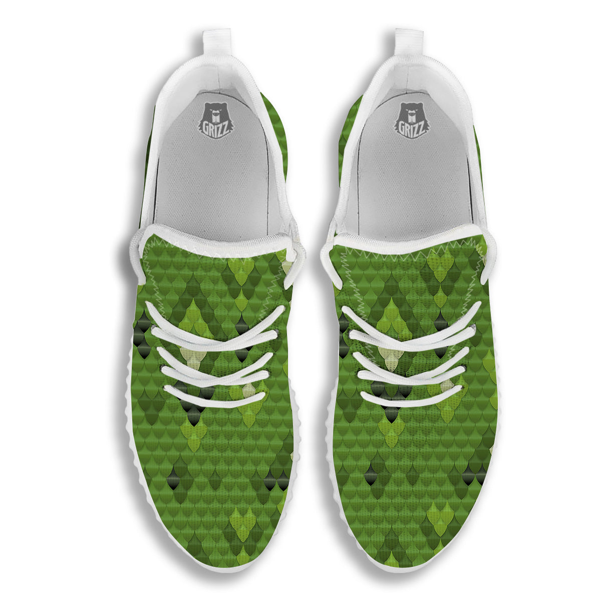 Green Snake Skin Cartoon Print Pattern White Walking Shoes-grizzshop