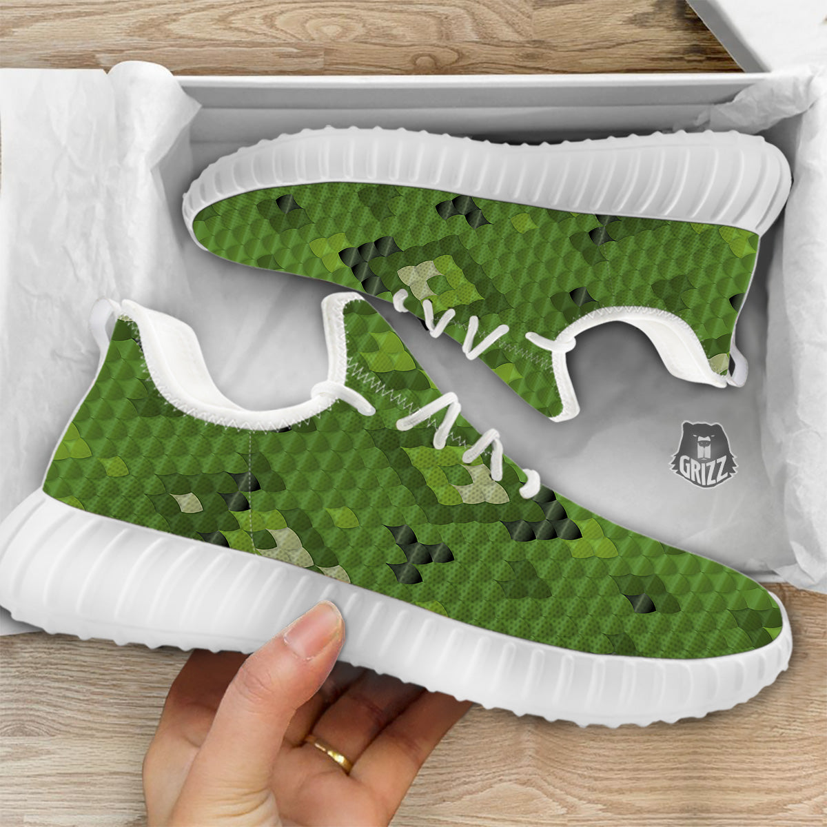 Green Snake Skin Cartoon Print Pattern White Walking Shoes-grizzshop