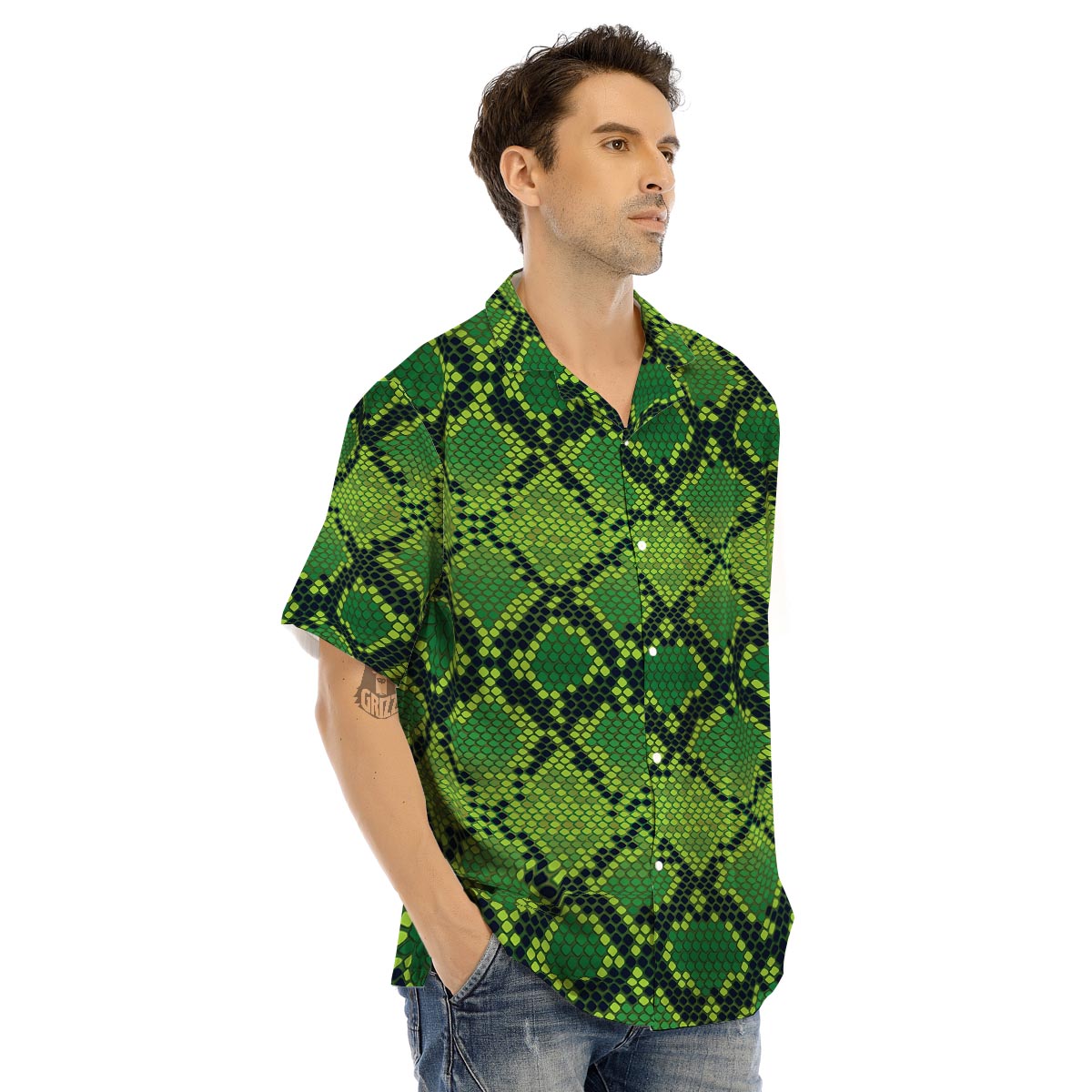 Green Snakeskin print Men’s Hawaiian Shirt-grizzshop