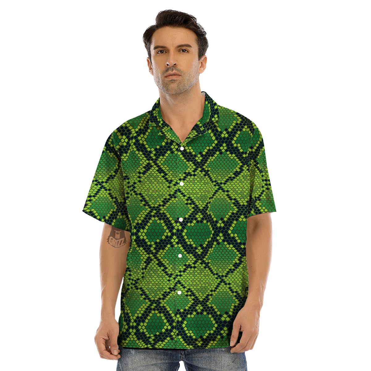 Green Snakeskin print Men’s Hawaiian Shirt-grizzshop