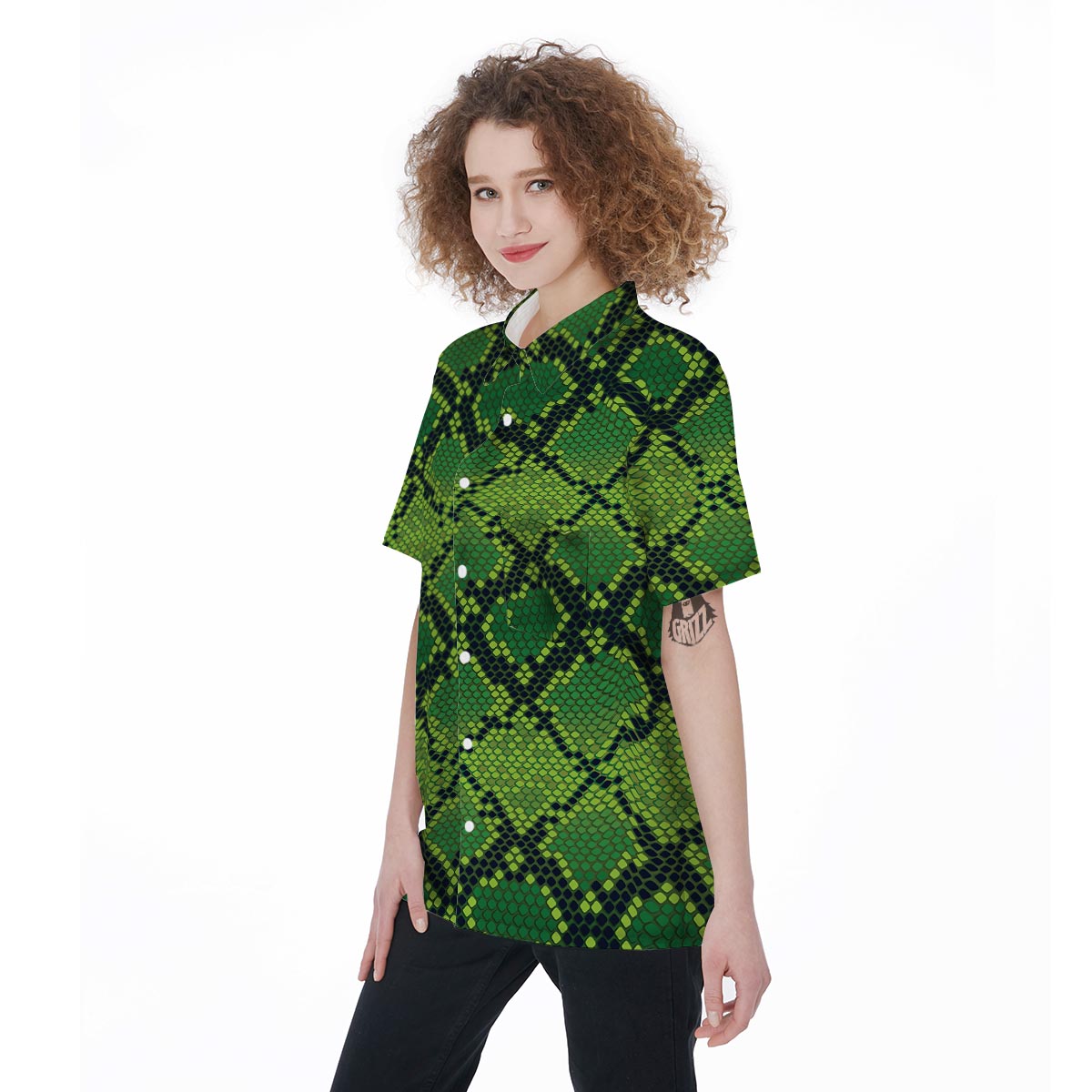 Green Snakeskin print Women's Short Sleeve Shirts-grizzshop