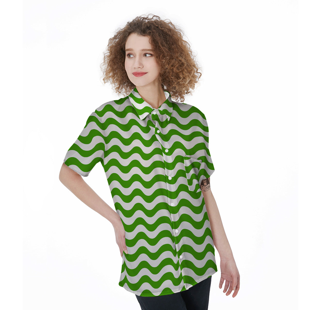 Green Wave Striped Print Women's Short Sleeve Shirts-grizzshop