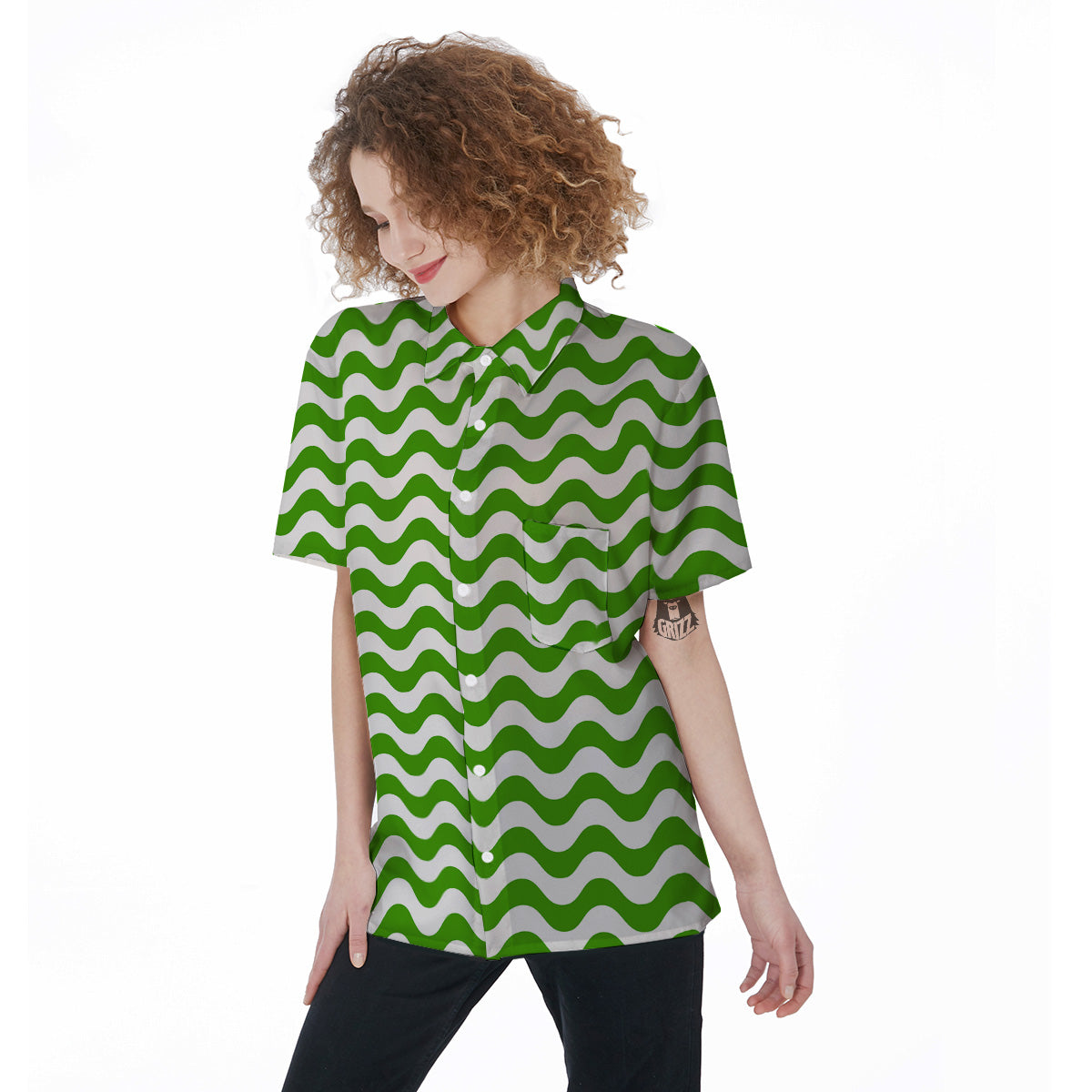 Green Wave Striped Print Women's Short Sleeve Shirts-grizzshop
