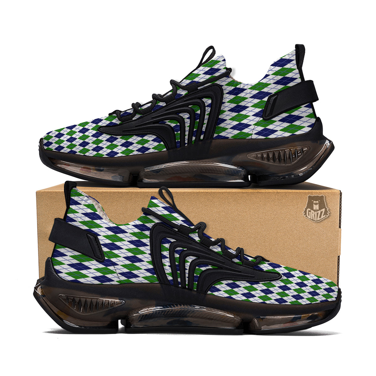 Green White And Navy Argyle Print Pattern Black Gym Shoes-grizzshop