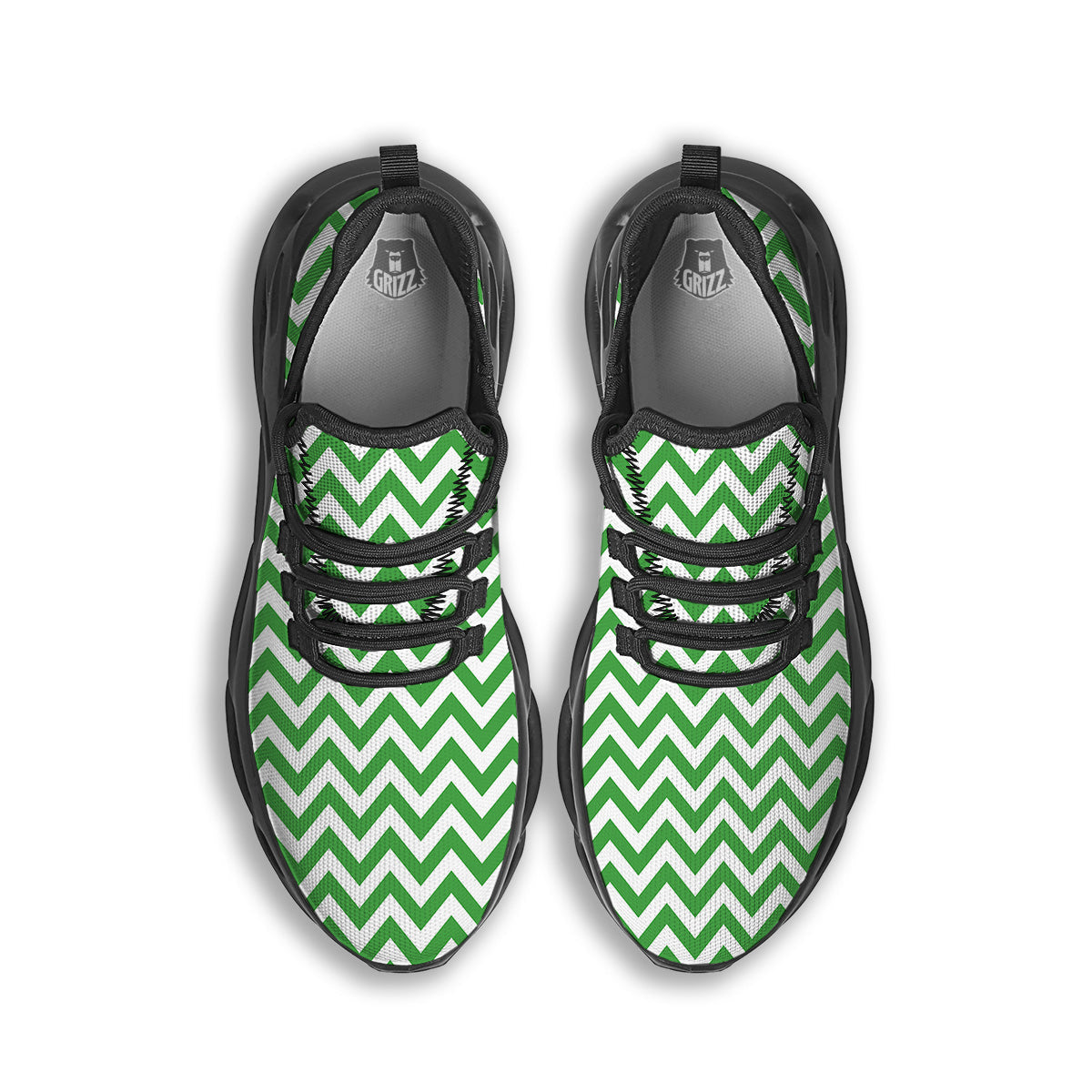 Green Zigzag Print Pattern Black Running Shoes-grizzshop