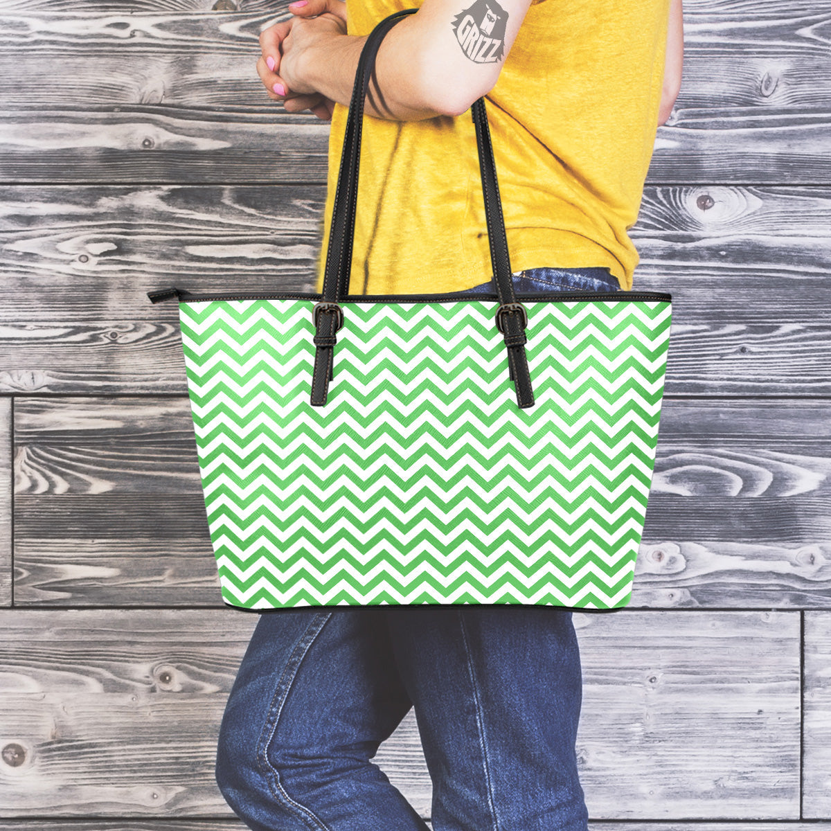 Green Zigzag Print Pattern Leather Tote Bag-grizzshop